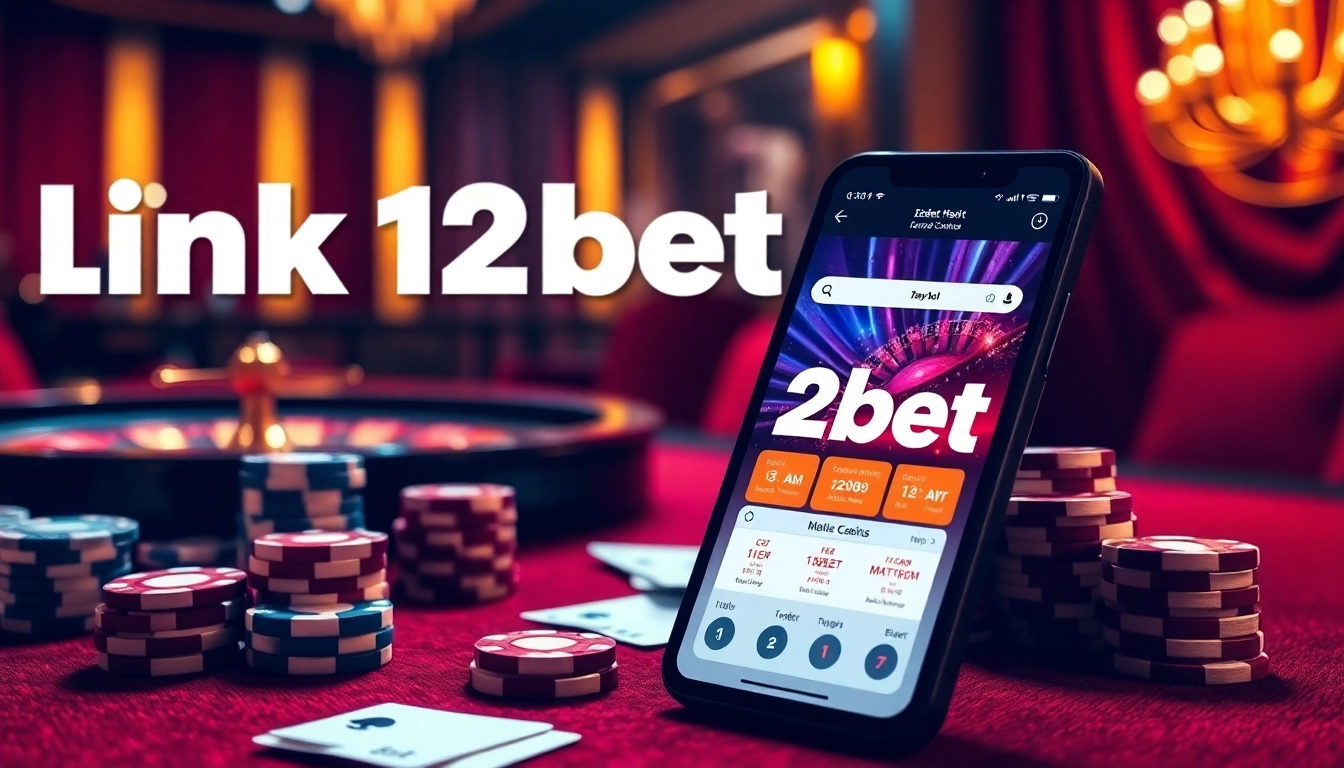 Engaging visual of an online casino with link 12bet on a smartphone, featuring poker chips and a roulette wheel.