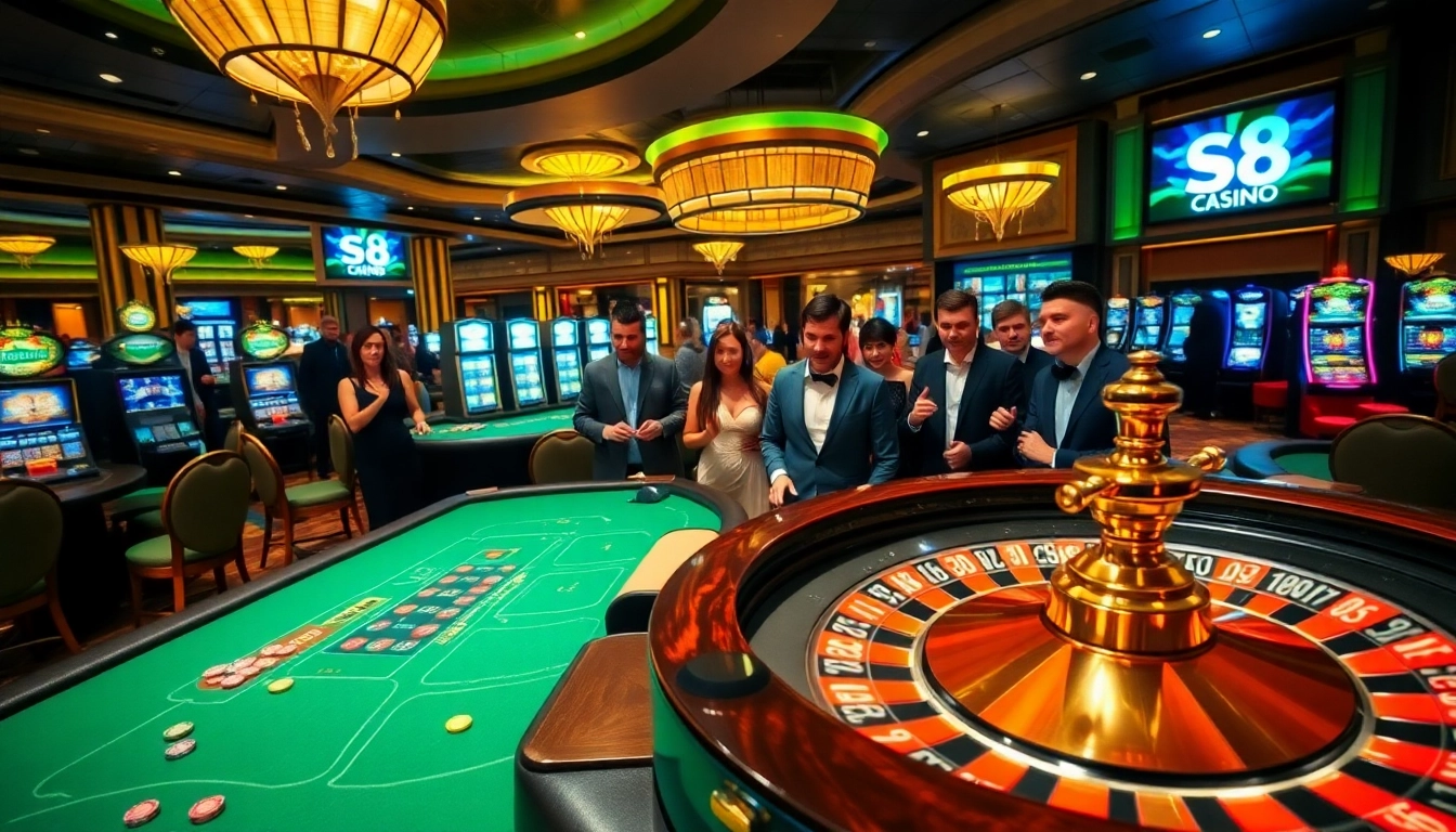 Experience the excitement at the s8 casino with vibrant tables, slot machines, and elegant gamblers.