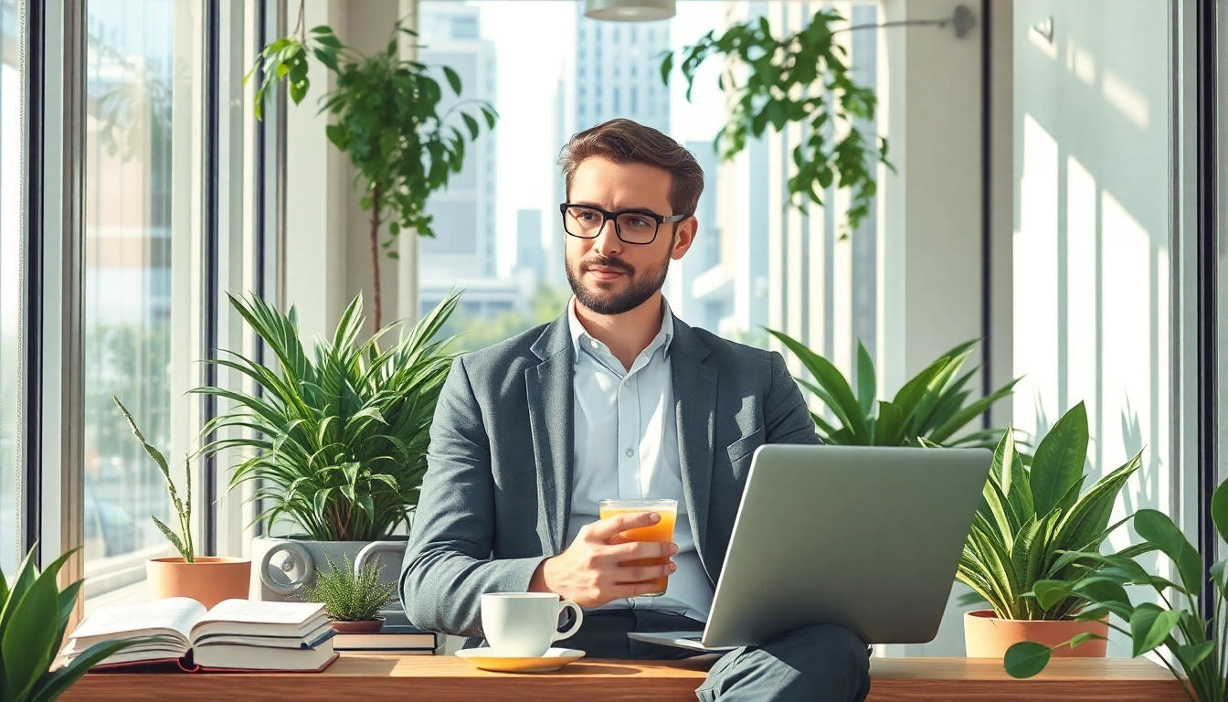 Illustration d'un style de vie équilibré avec un professionnel dans un cadre urbain serein.