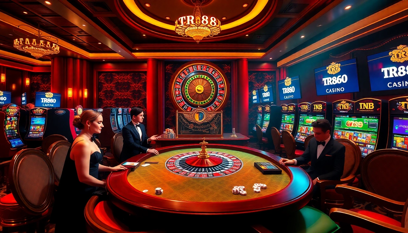 Experience the excitement of tr88 casino with vibrant gaming tables, chips, and elegant players.