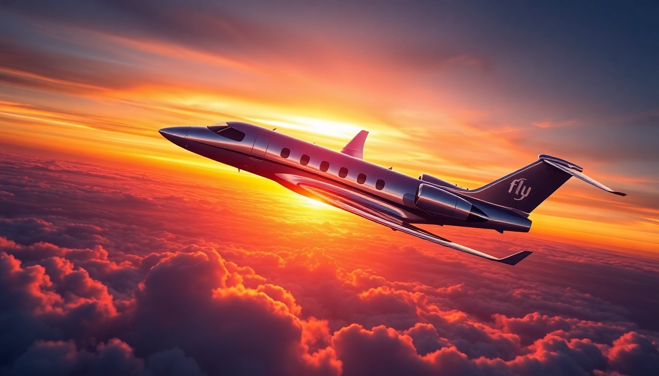 Experience the luxury of flight with fly 88's modern private jet against a stunning sunset backdrop.