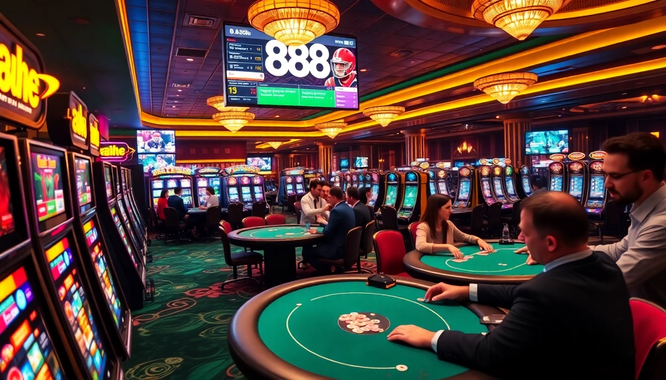 Excited players engaged in games at 888b casino tables, showcasing luxury and thrill.