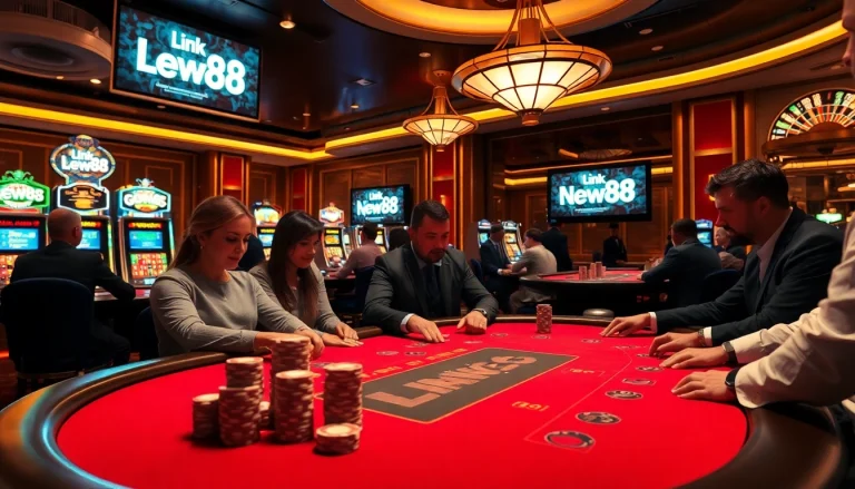Experience the excitement of gambling with Link New88 at a casino featuring poker tables and vibrant slot machines.