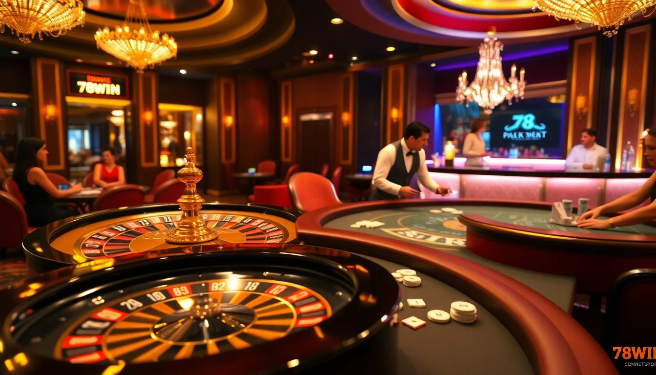Players celebrating at a luxurious 78WIN casino, showcasing poker gameplay and vibrant atmosphere.
