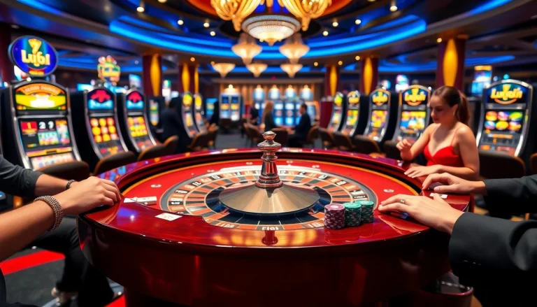 Excited players at the roulette table and colorful slot machines at https://lu88.co.com/ casino.
