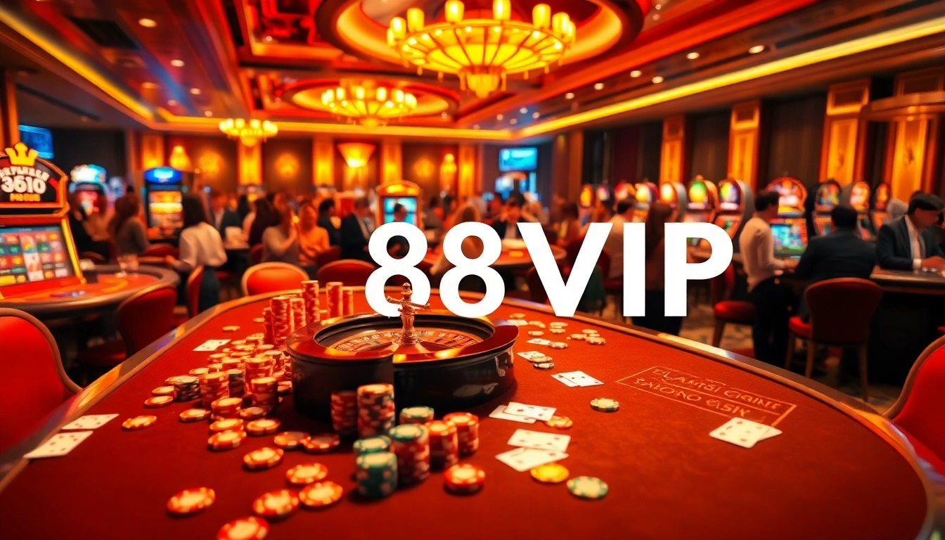 Engaging scene at 68VIP casino showcasing vibrant games, luxury decor, and excited gamblers.