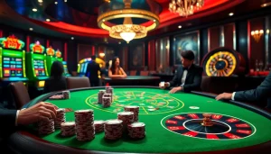 Experience excitement at fsbet.io with players at a blackjack table in a luxurious casino setting.