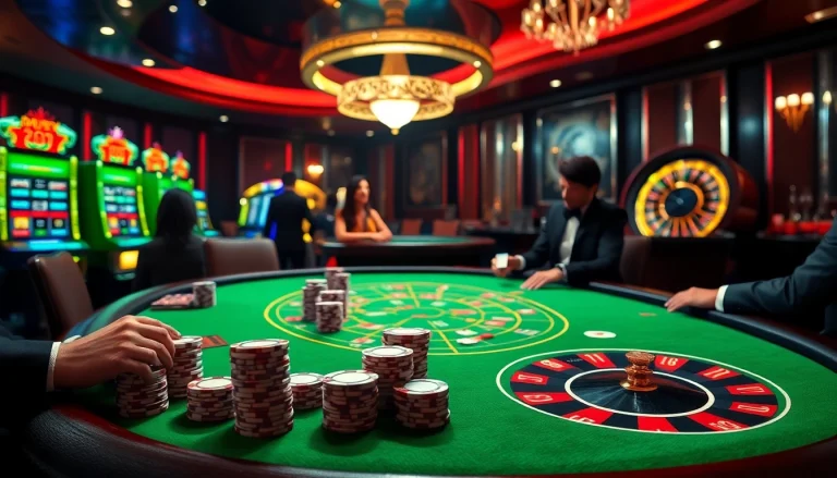 Experience excitement at fsbet.io with players at a blackjack table in a luxurious casino setting.