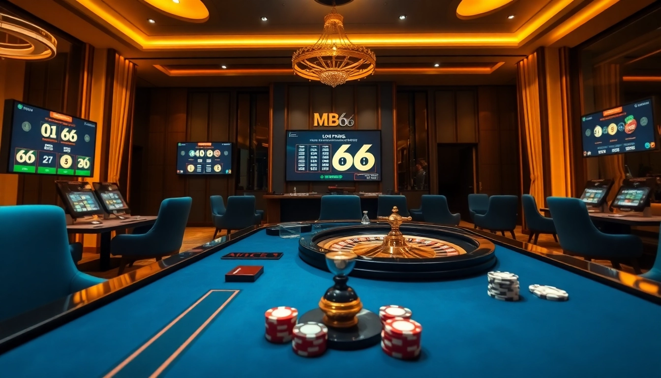 MB66 online casino gaming scene with poker chips and roulette wheel in a luxurious setting.