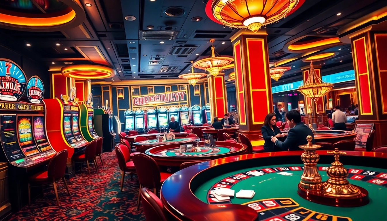 Engaging players using Tool xổ số siêu tốc in a vibrant casino with slot machines and roulette wheels.
