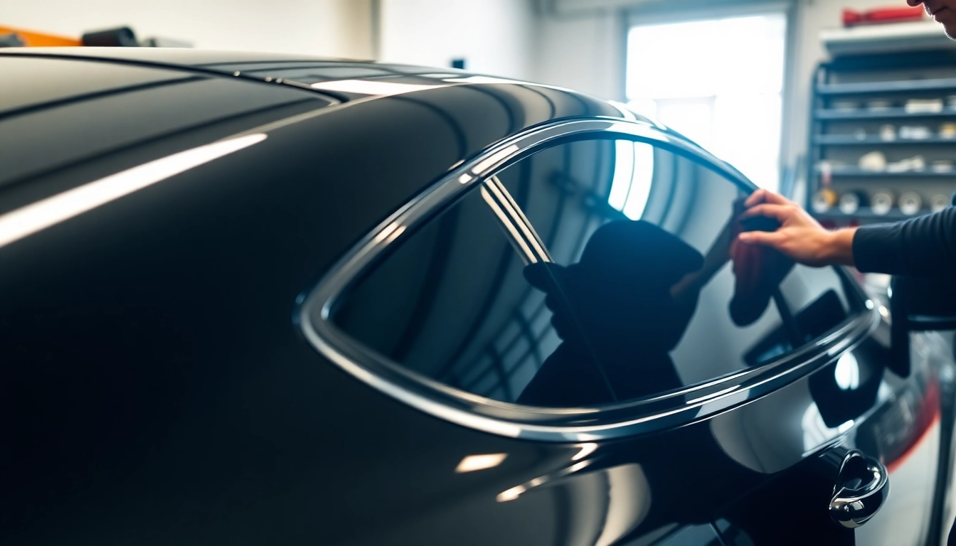 Application of ceramic window tint showcasing precision and quality in a modern garage.
