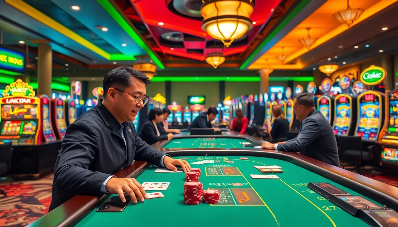 Gagnez au meilleur casino en ligne avec cette scène de jeu captivante mettant en avant des tables de blackjack et des machines à sous.