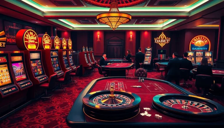 Dabet casino scene showcasing vibrant slot machines and luxurious gaming tables.
