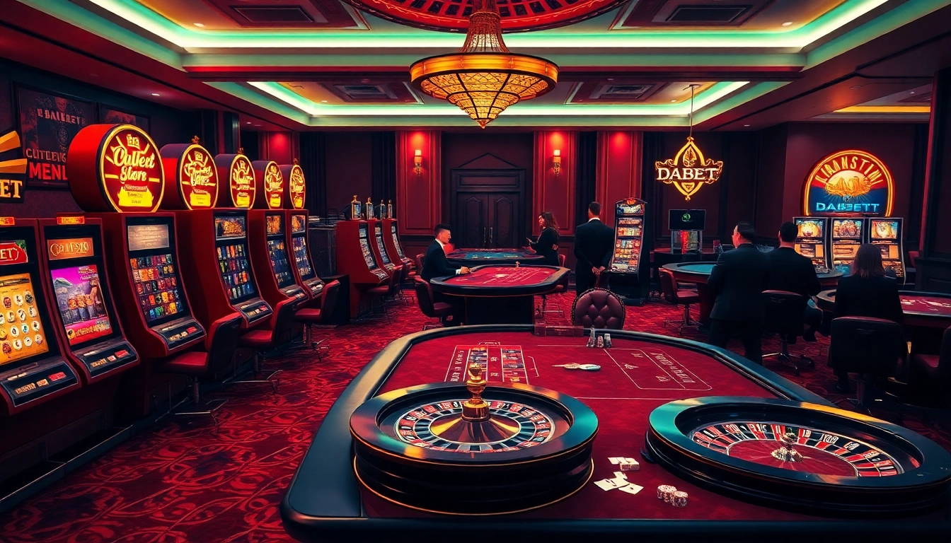 Dabet casino scene showcasing vibrant slot machines and luxurious gaming tables.