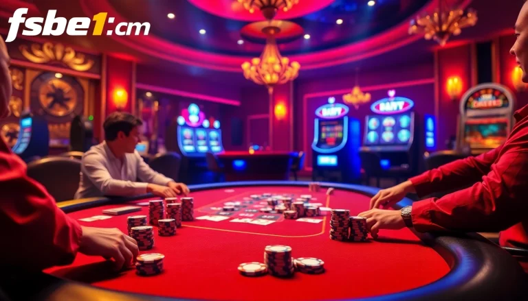 Players enjoy an exciting poker game at fsbet1.com with chips, cards, and vibrant casino ambiance.