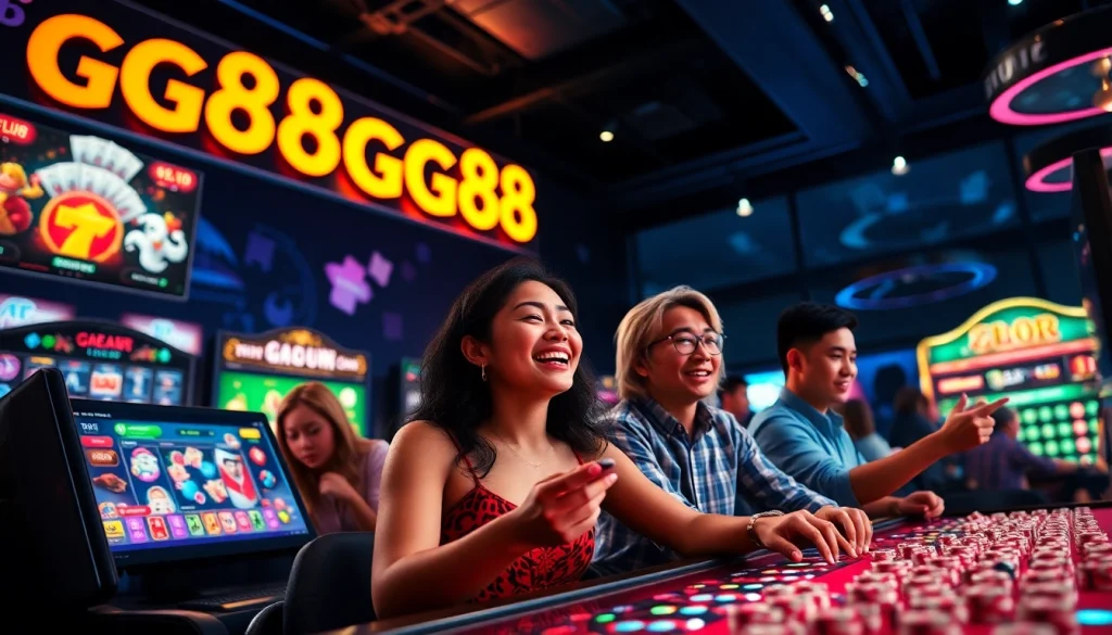 Engaging scene depicting GG88 online gambling platform with vibrant digital games and joyful players.