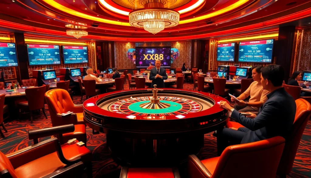 Xx88 casino players engaging in high-stakes roulette excitement with vibrant chips.