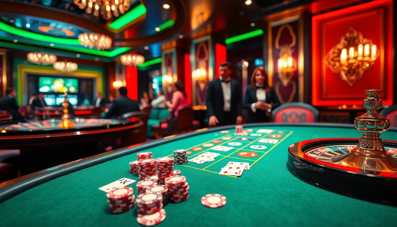 Engaging scene of elite gamblers at S8.limo casino tables featuring poker chips and roulette.