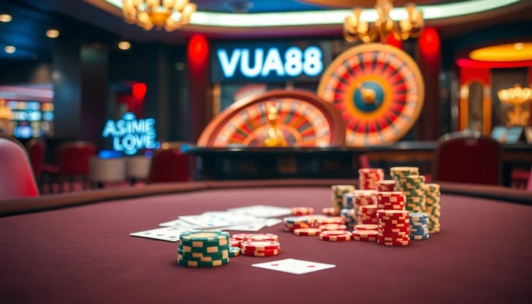 Experience thrilling gameplay at VUA88 link with an elegant casino scene filled with vibrant poker action.