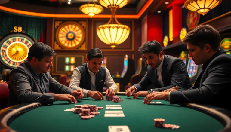 S8-themed poker chips and cards on a glamorous casino table in action.