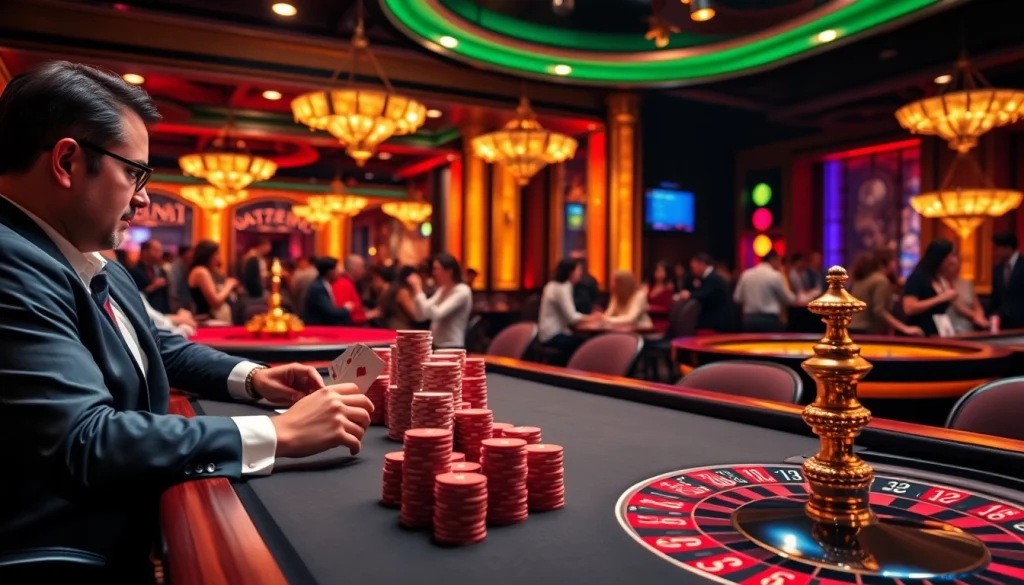 Action-packed scene of a poker game featuring players at https://uu88pk.com/ with vibrant chips and roulette in a luxurious casino.