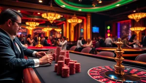 Action-packed scene of a poker game featuring players at https://uu88pk.com/ with vibrant chips and roulette in a luxurious casino.