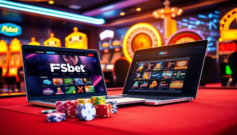 Experience the excitement of FSbet with vibrant casino visuals featuring poker chips and dice.