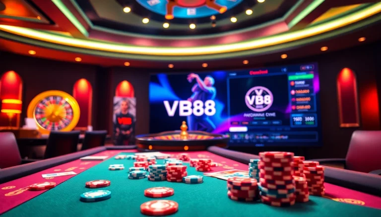 Exciting gambling scene with VB88 logo on poker table, roulette wheel, and vibrant casino ambiance.