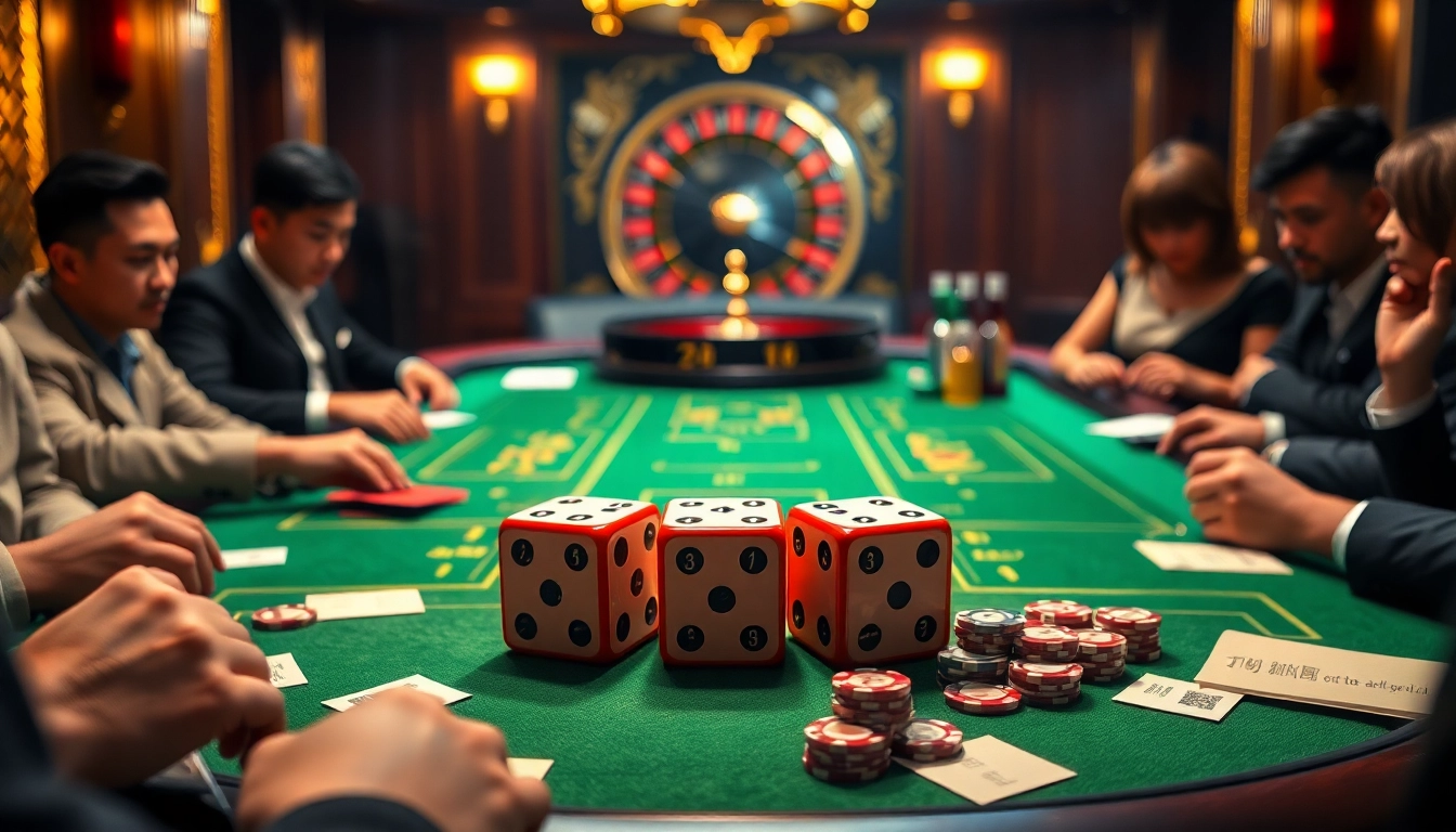 Players excitedly placing bets on tai xiu at a vibrant casino table surrounded by dice and chips.