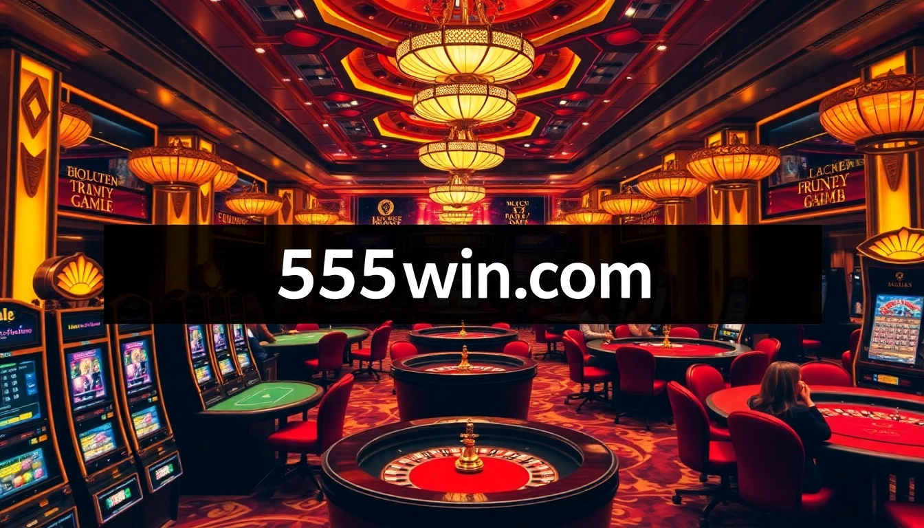 Exciting gaming scene at 555win com with casino tables and players immersed in action.