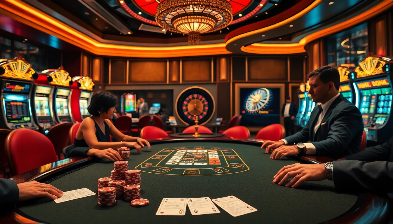 Players strategically engaging in a poker game at a luxury casino inspired by https://dn88.bio/ with vibrant colors and ambient lighting.