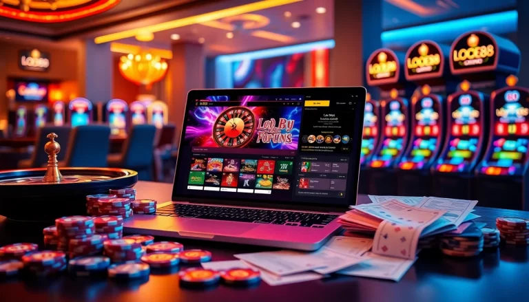 Lode88 virtual casino interface displaying poker chips, roulette wheel, and slot machines.