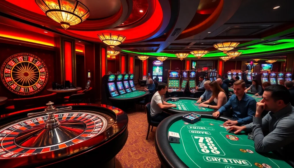 Scène de jeu de casino crypto passionnante présentant des machines à sous colorées, des roulettes et des tables de poker.