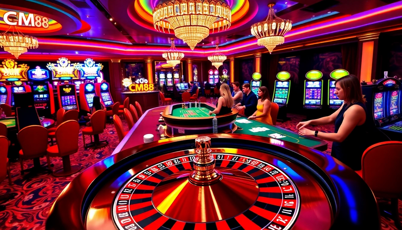 Exciting players engaging at a CM88 casino table with chips and roulette wheel.