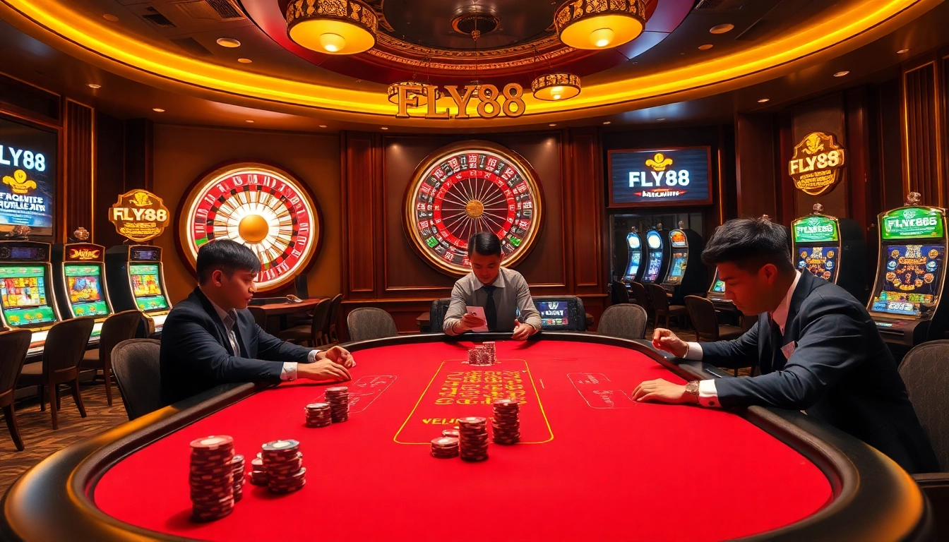 Engaging casino scene for đánh giá nhà cái FLY88 showcasing poker action and vibrant gaming atmosphere.