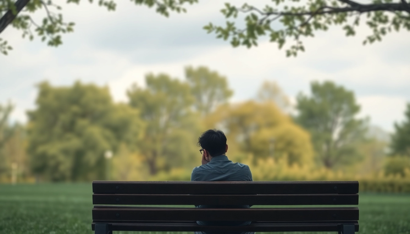 Person reflecting on depression symptoms while sitting on a park bench in a serene environment.